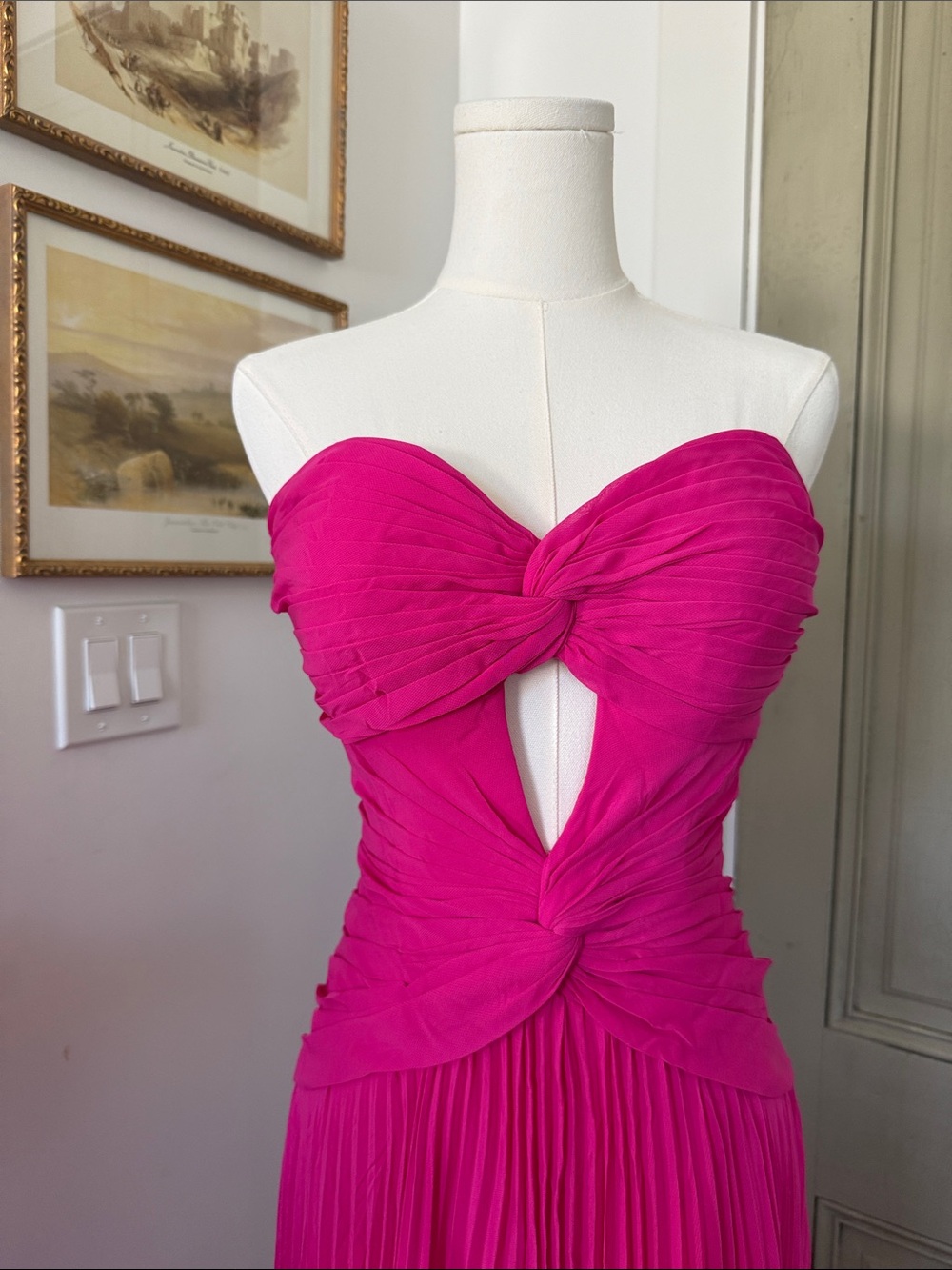 Strapless Hot Pink Pleated Evening Gown